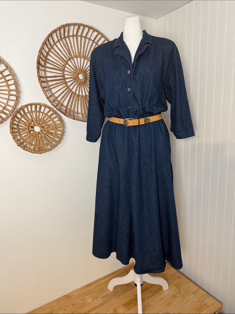 Vintage Classic Dark Blue Denim Dress with Tan Belt